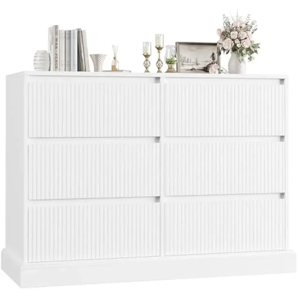 For White Dresser for Bedroom, Modern 6 Drawer Dresser, Double Dresser Chest of Drawers with Wavy Pattern | Handleless Drawers