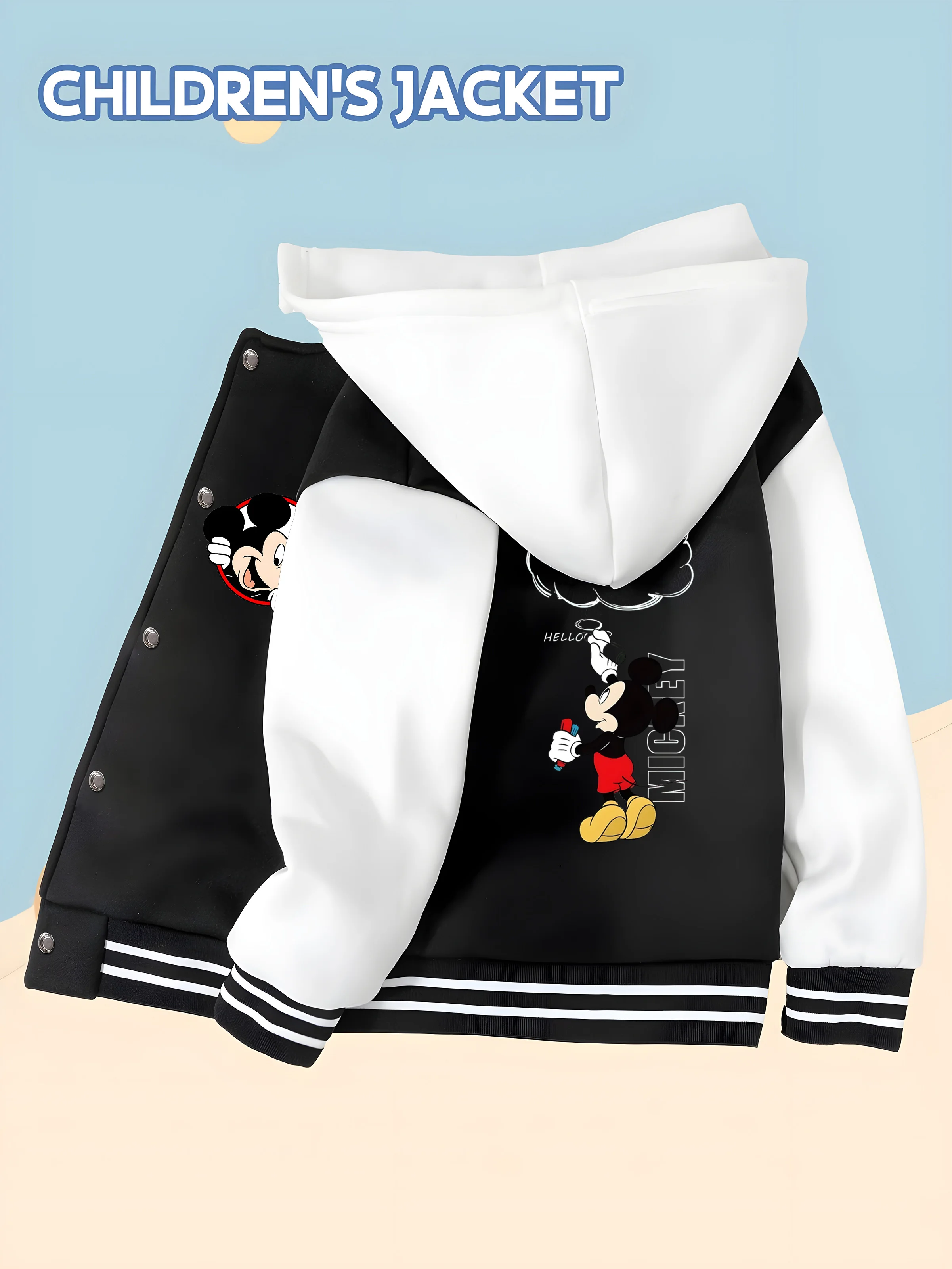 

MINISO Disney Mickey Print Boys Baseball Jacket - Double-sided Mickey pattern, soft fabric, comfortable everyday casual wear