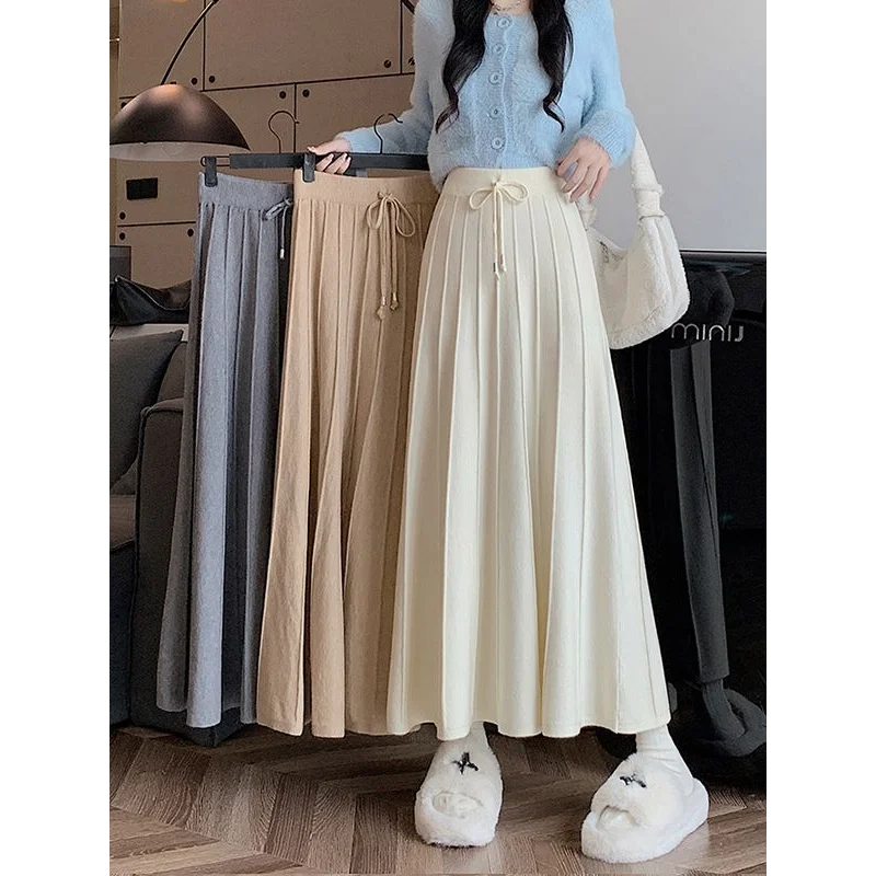 

Retro Solid Color Drawstring Lace-up High Waist Knitted Autumn Winter New Korean Mid-length A-line Skirt