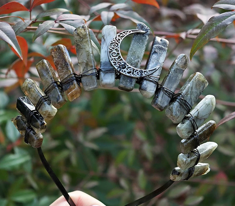 Natural Crystal Tiaras Tianhe Stone Gray Labradorite Quartz Witch Crown Moon Hair Accessory Headband Women Wedding gifts