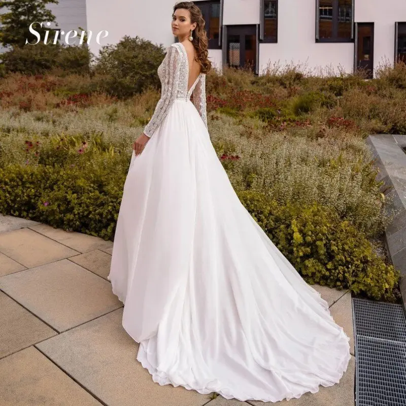 Behomian abito da sposa bianco a-line scollo a v manica lunga pizzo Applique Chiffon Backless abiti da sposa Sweep Train Vestidos De Novia