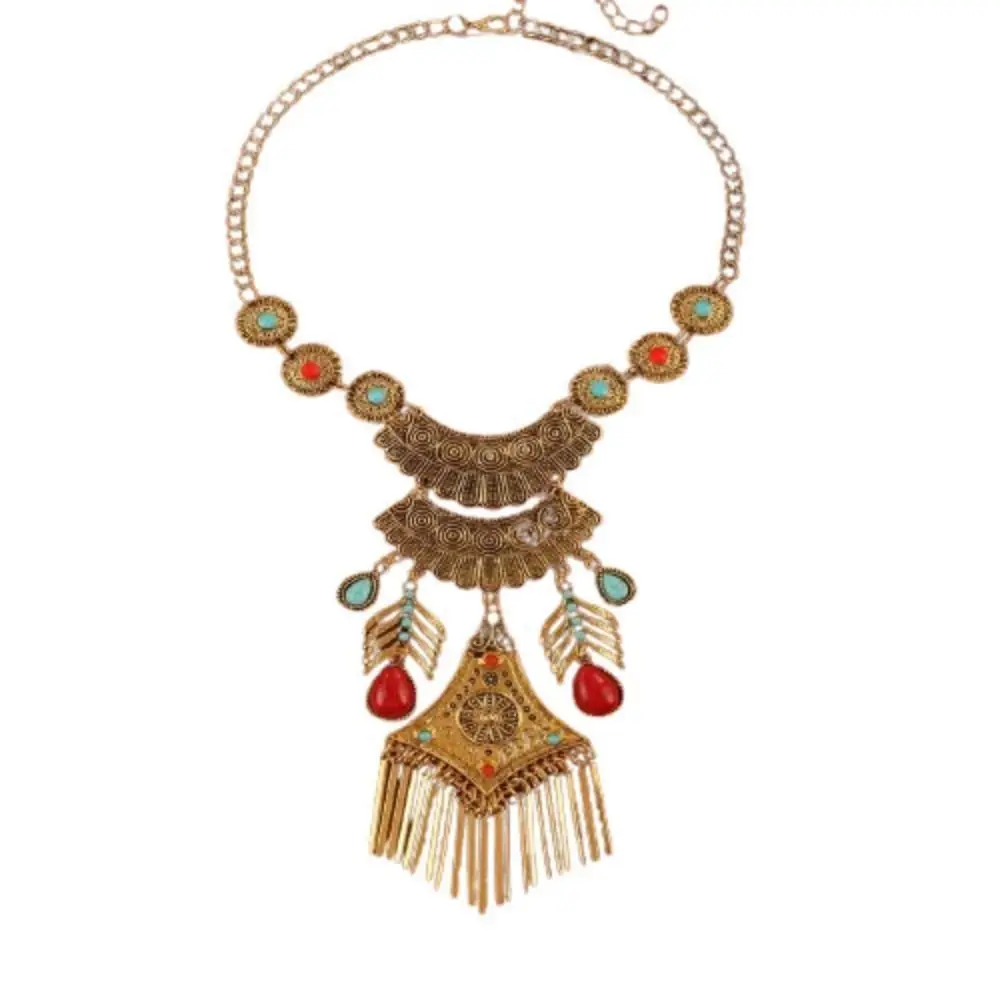 

Imitation Turquoise Long Tassels Necklace Earrings Vintage Exquisite Ethnic Style Jewelry Set Alloy Exaggerated Neck Jewelry