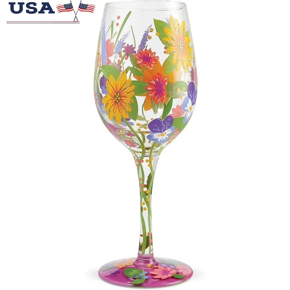 

Hand-Painted Artisan Wine Glass 15oz Unique Recipe Vibrant Design Decorative Gift Box Perfect Garden Parties