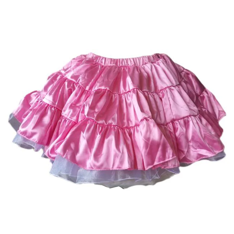 

French Sexy Adult Customized Fetishist Crossdressing Sissy Pink Satin White Organza Multi Layered Petticoat Half Skirt