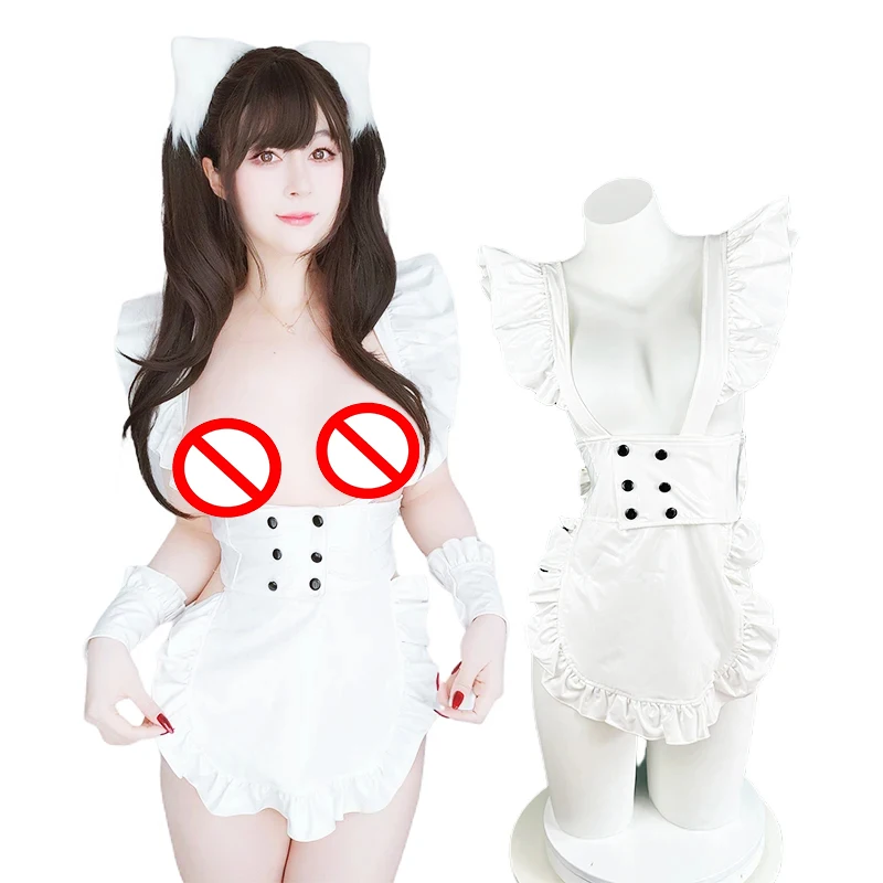 

Anime Coffee Waiter Maid Uniform White Leather Apron Big Bow Cosplay Costume Lolita Dress Cat Maid Cosplay Hollow Out Nightdress