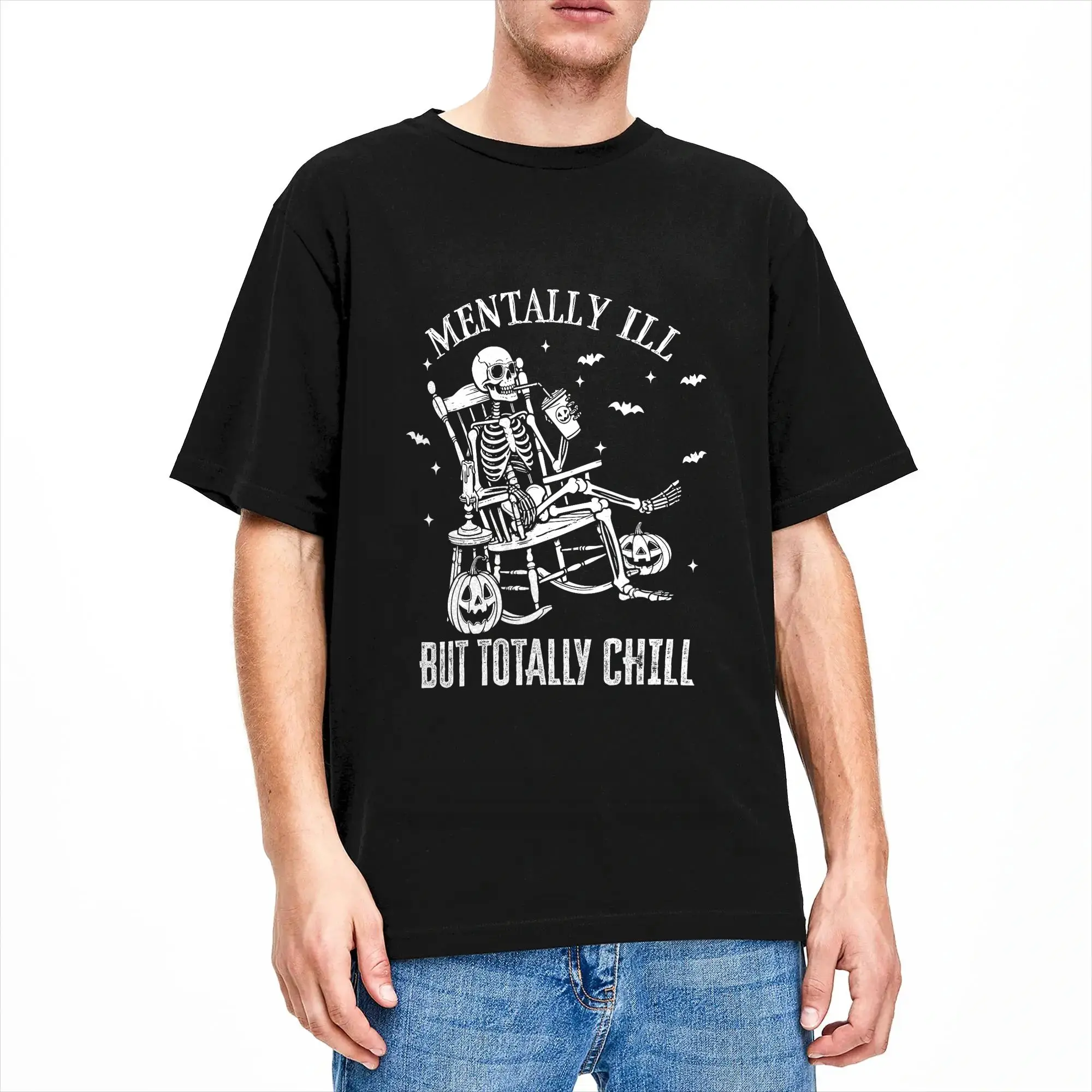 Mentally Ill But Totally Chill Halloween Costume Skeleton T-Shirts for Men  Funny Pure Cotton Tee Shirt Round Neck T Shirt
