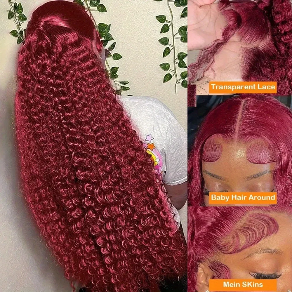 13x4 HD Transparent Lace Front Burgundy Curly Wigs Human Hair 30 Inch Wine Red Deep Wave Wet And Wavy Wig with Baby Hair Pre-Plucked Glueless Burgundy 200% Density Natural Color Long Deep Curly Wigs For Black Woman Beginner Friendly