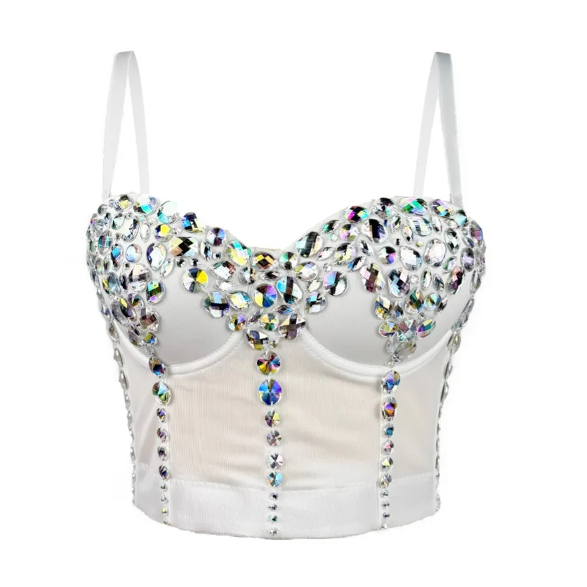 Ab Color Diamond Acrylic Fishbone Corset Handmade Rhinestone Slimming Performance Costume Sexy Form-Fitting Strapless Tank Top