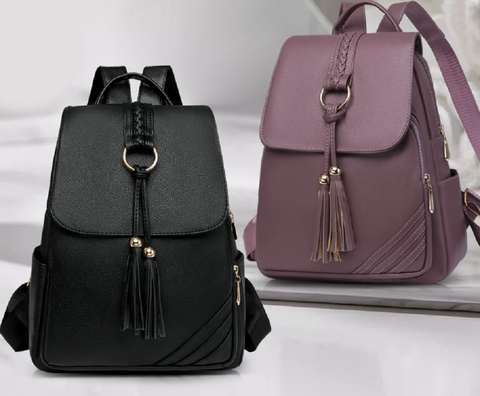

2025 New Fashion Tassels Designer Leather Travel Backpacks Women's Large Capacity Shoulder Bags Totes School Bag Korean Backpack