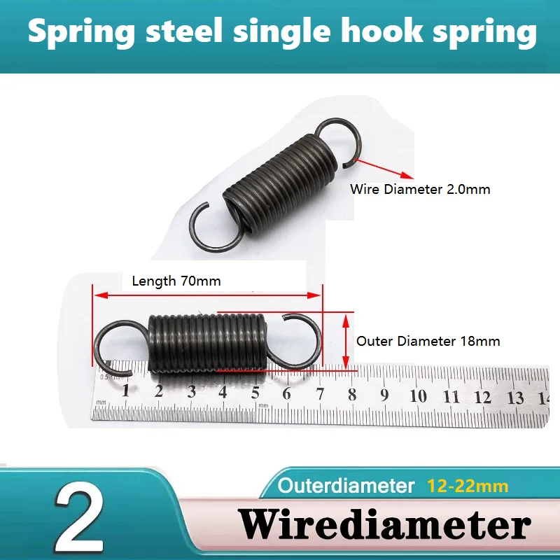 Spring steel tension spring Single hook open hook,2mmWire Dia,Outer Dia18mm,Length70/80/90/100/120/150/180/200mm.