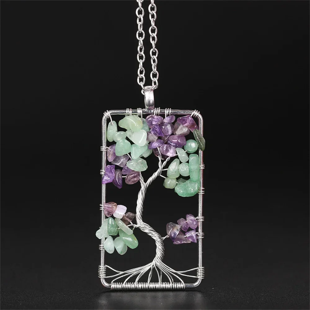 Natural Amethyst Jade Stone Square Tree of Life Lucky Pendant for Woman Handmade Crystal Reiki Healing Amulet Necklace Jewelry