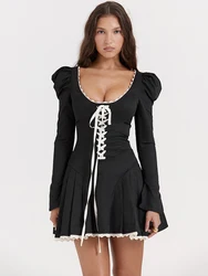 Mozision Lace Bandage Puff Sleeve Mini Dress For Women 2023 Autumn Winter New Square Collar Ruched Dress Vintage Elegant