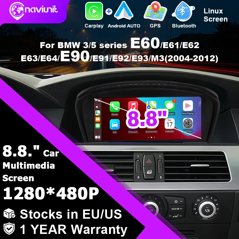 8,8-Zoll-Touchscreen-Linux-System-Autoradio mit Android Auto, kabellosem Carplay, Stereoanlage für BMW 3er/5er-Serie E60 E61 E63 E64 E90 E91 M3 2004-2012 CIC CCC, Bluetooth, 2-DIN-Multimedia-Player,