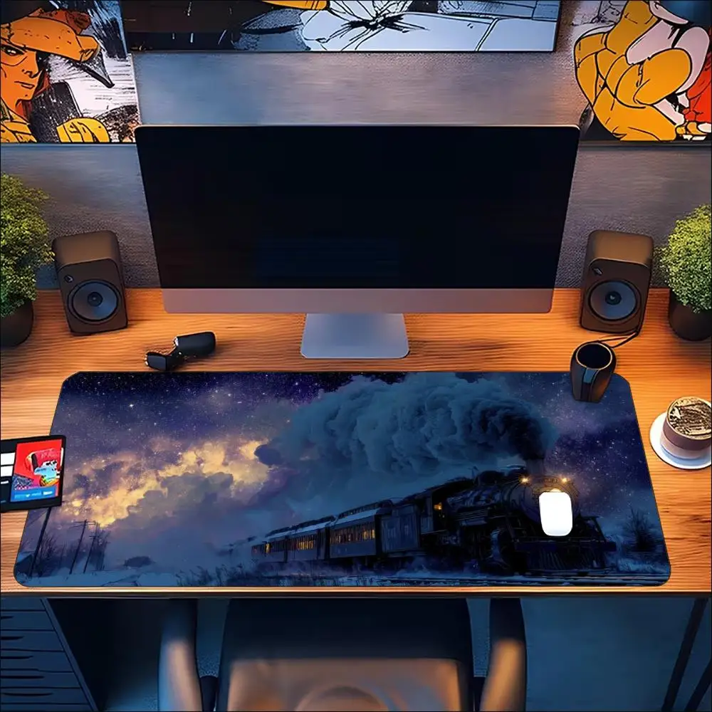 Vintage Steam Train Night Sky Large Game Playmat Non Slip Rubber Desk Mat For Card Board Game Keyboard Mouse Desktop Surface