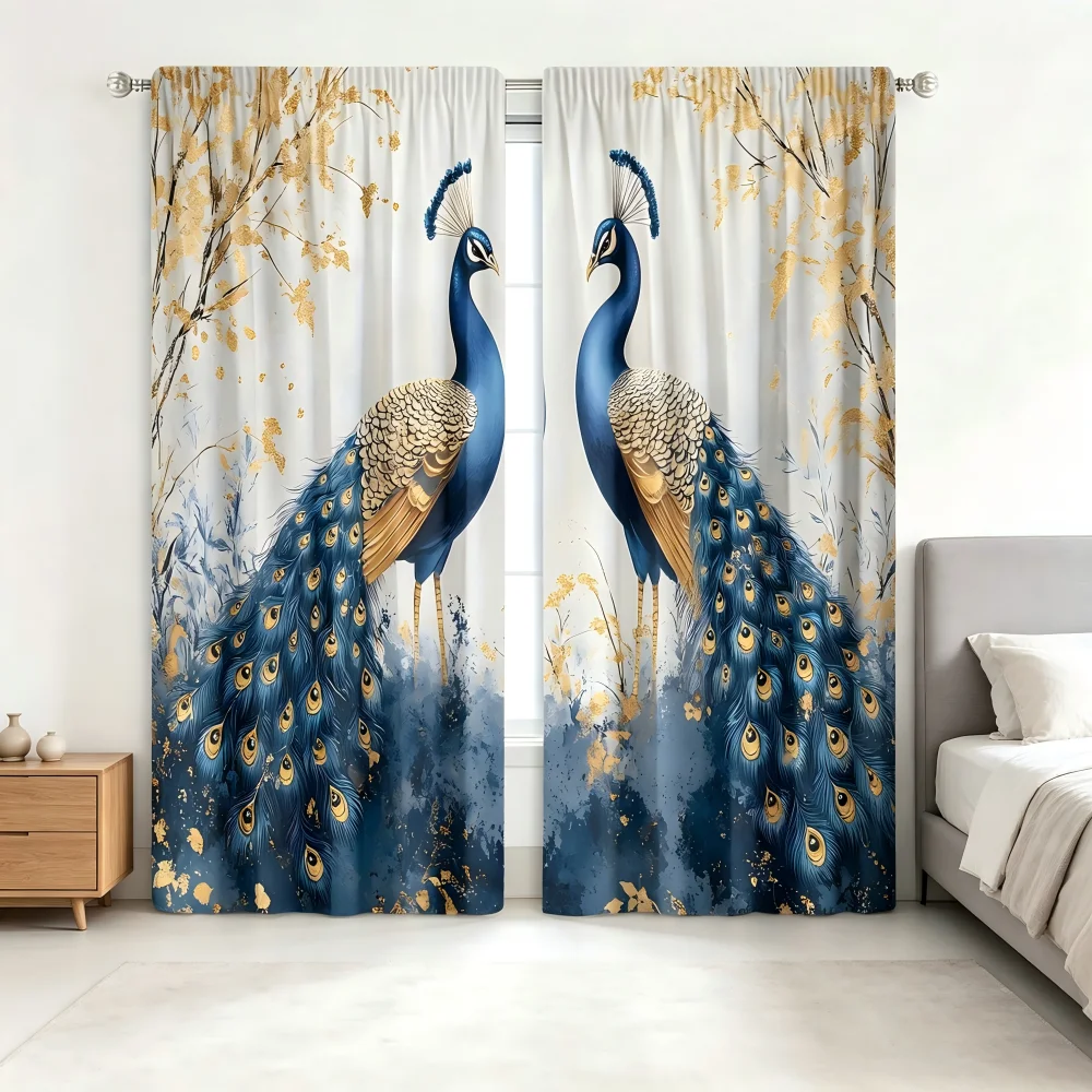 2PCS Digital Print Curtains Blue Peacock Gold Branch Elegant Rod Pocket
