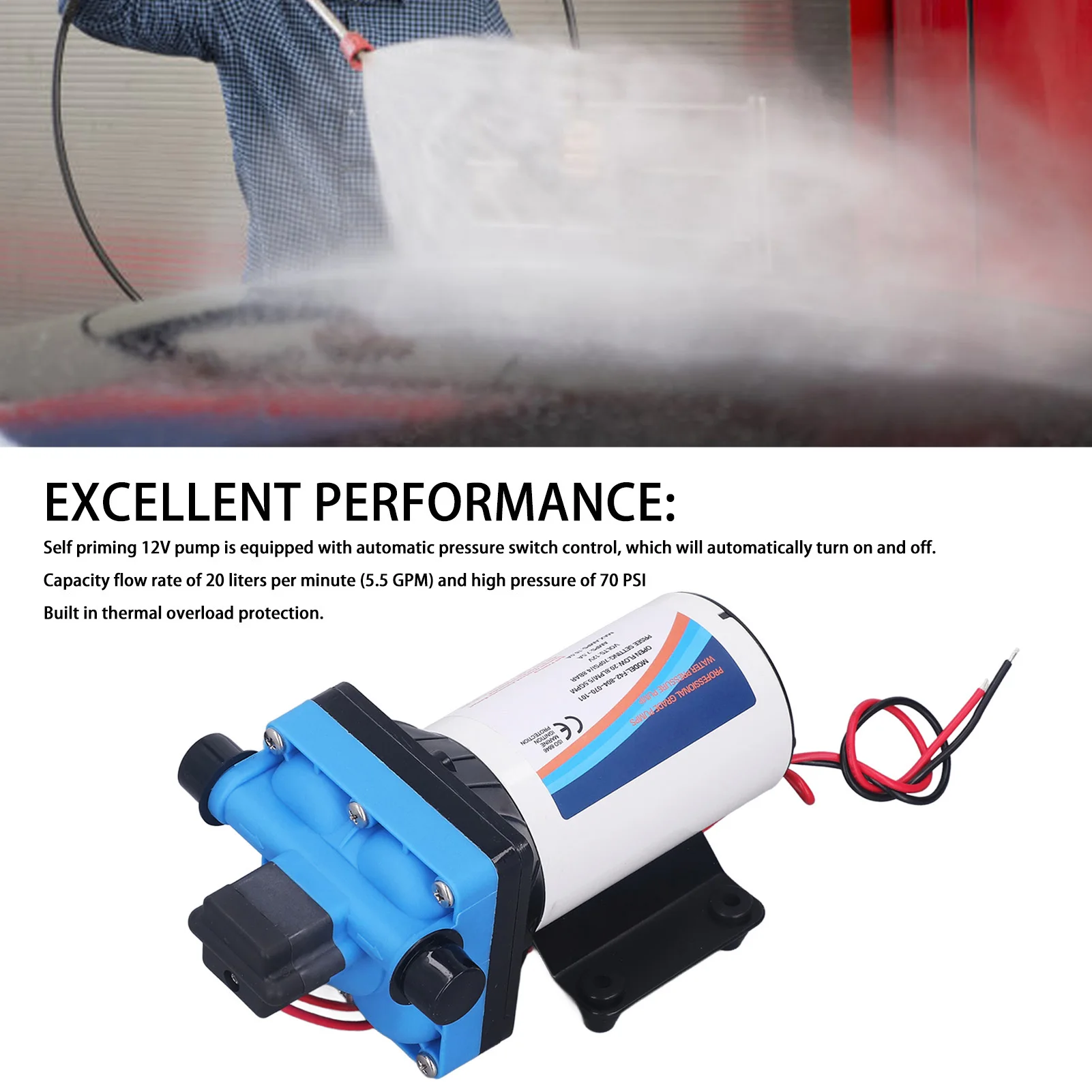 12V Electric Diaphragm Pump 5.5GMP High Pressure Self Priming Pump for Ship Car Carpet Cleaning