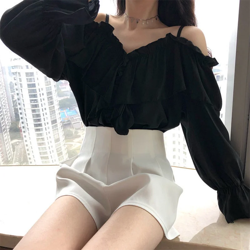 Off Shoulder Blouses Women Casual Ruffles Sexy Flare Sleeve Elegant Shirt Solid Party Design Office Ladies Loose Fashion Tops