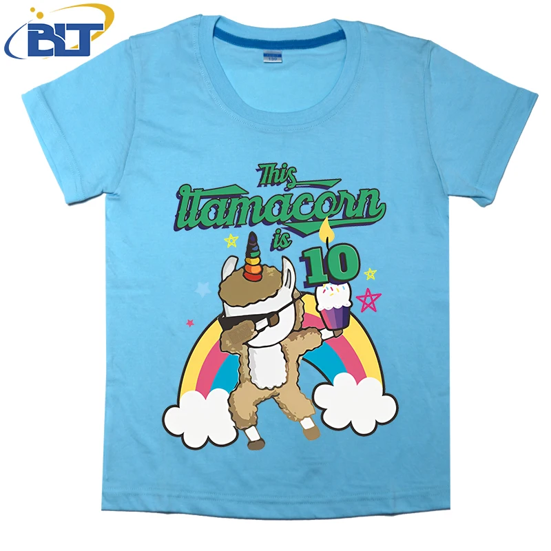 Alpaca Llama Unicorn 10TH Birthday printed kids T-shirt summer cotton short-sleeved casual top suitable for both boys and girls