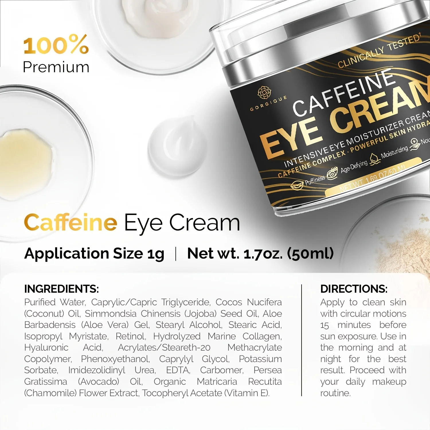 Caffeine Eye Cream for Anti Aging Dark Circles Bags Puffiness Great Under Eye Skin Face Tightening