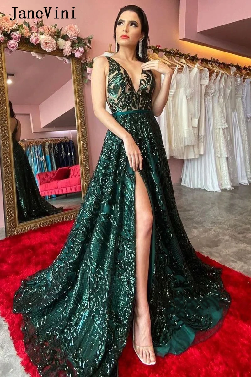 JaneVini Sexy V-Neck Sequins Dark Green Formal Evening Dress with Slit Sweep Train Women Luxury Prom Party Gowns Robe Femme 2023