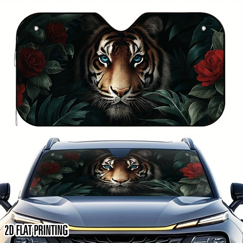 1pc Tiger & Red Rose Print Car Sunshade - Foldable Fit With 4 Suction Cups, Heat-Resistant Car Interior Protector, Stylish Gift