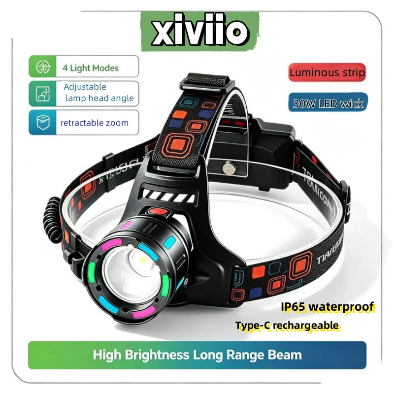 LED Zoomable Retractable Headlamp Type-C Rechargeable Work Light Nighttime Dopamine Glow Strip Headlight Super Bright Head Torch
