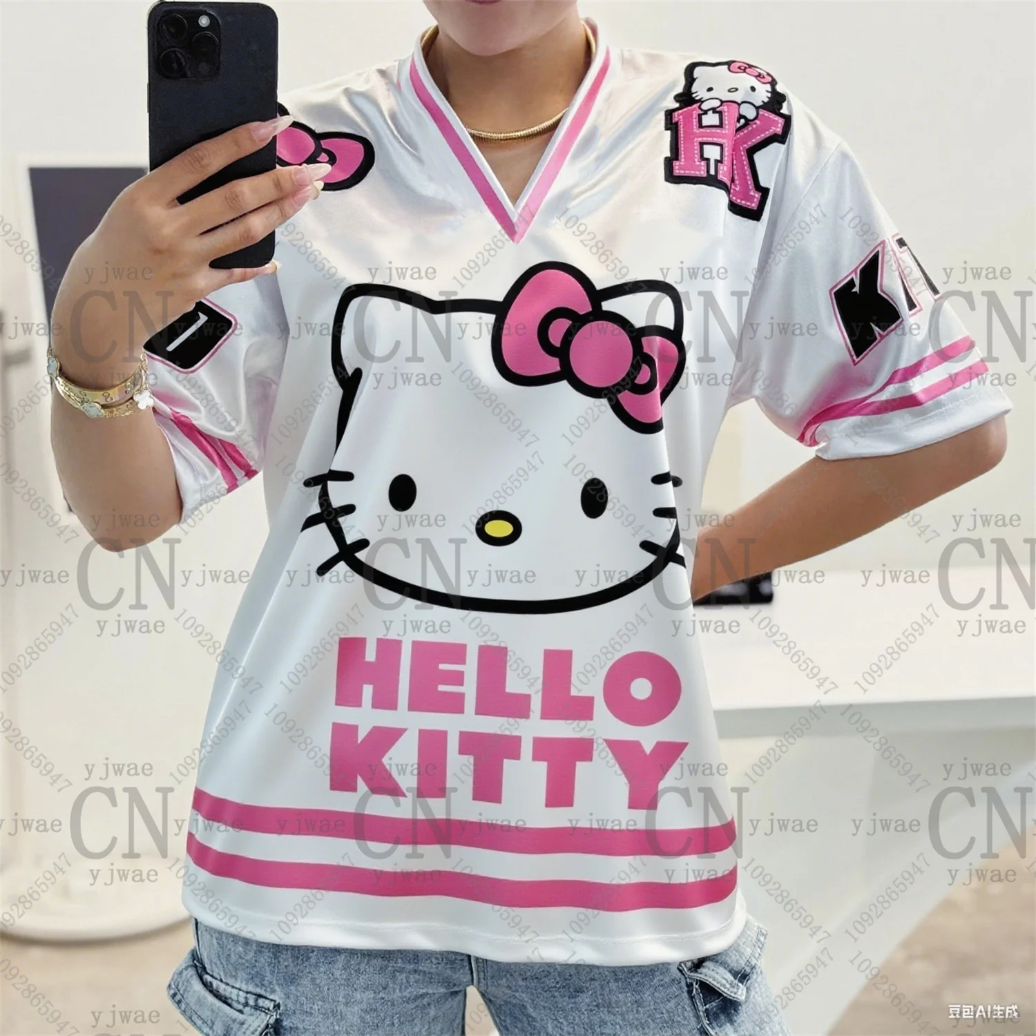 مرحبا كيتي الكرتون الجرافيك تي شيرت مطبوع لطيف وعصري كرة القدم ملابس رياضية فضفاضة عطلة عادية تي شيرت المرأة عادية تي شيرت #3
