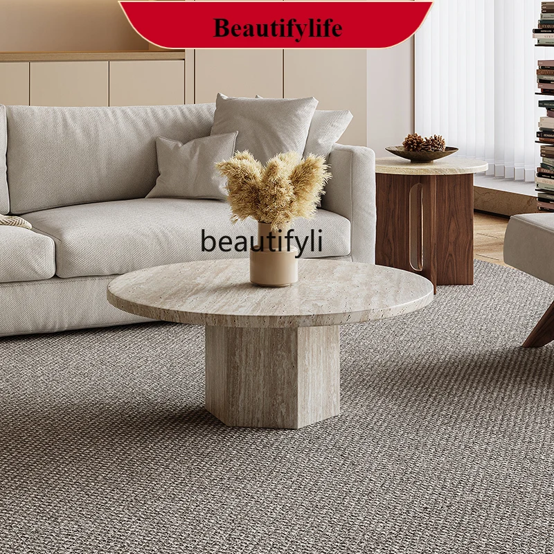 

G1218 Natural Travertine Round Coffee Table for Home Use, Small Apartment Minimalist Marble Coffee Table for Living Room