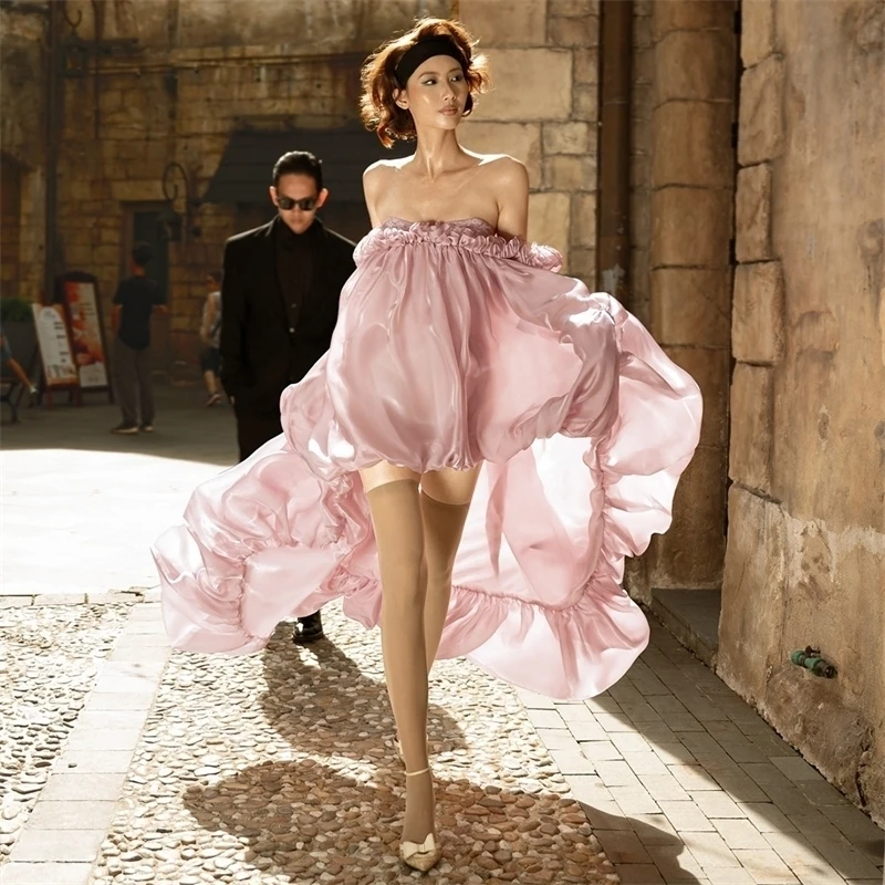 Alta baixa rosa verão vestidos de férias sem alças babados cetim vestidos de aniversário para sessões de fotos sexy vestido formal feminino festa wear