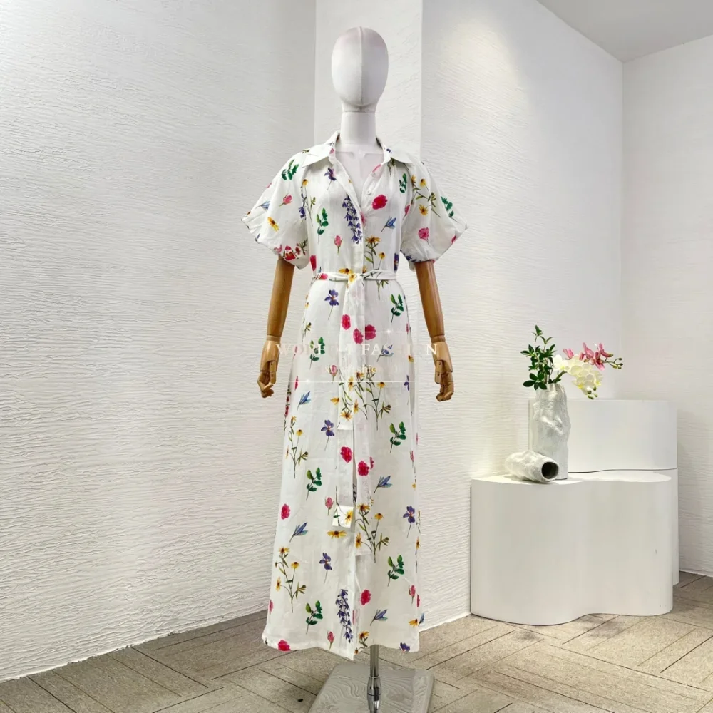

2025 Women's Fashion White Floral Print Short Sleeve Puff Sleeve High Slit Midi Dress