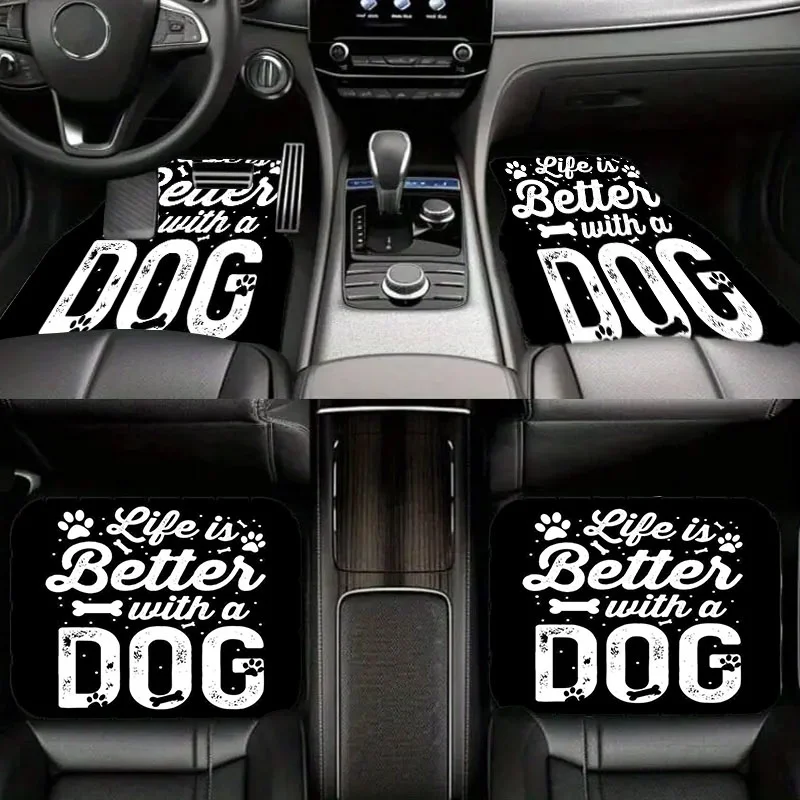 4pcs Dog-Themed Car Floor Mats | Polyester, Non-Slip & Durable, Universal Fit, Stylish With Paw Prints & Bone Illustrations, Ide