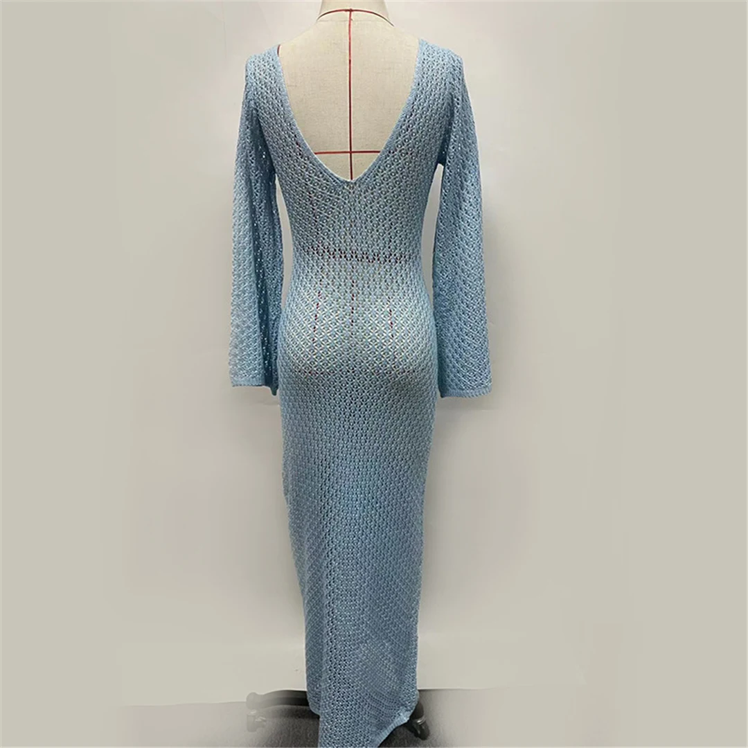 8 Farben, V-Ausschnitt, langärmeliges, gehäkeltes, gestricktes Tunika-Strandkleid, Strandmode, Strandbekleidung, Strand-Cover-up, Damen, V5046 – Detail 20