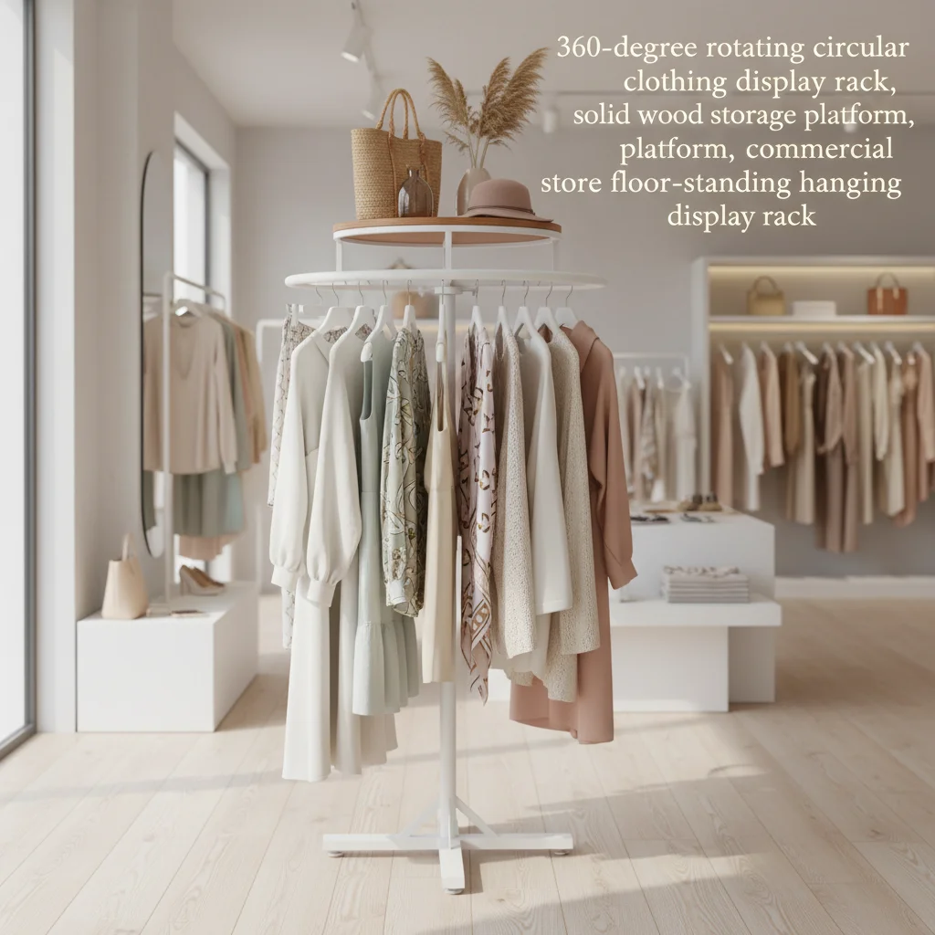 Round Clothing Display Rack 70cm Diameter, Floor-Standing Rotating Garment Rack with Solid Wood Top Shelf, 360° Swivel Heavy Duty Display Stand for Boutique Retail Store, White