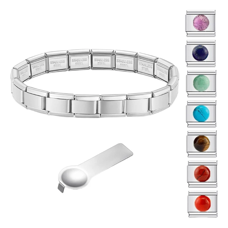 

Stainless Steel Colorful Stone Bracelet Stylish Unisex Wristwear Charm Bracelet Italian Links Bracelet for Fashion Lover