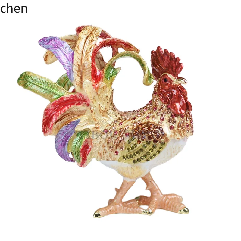 H1 Metal Enamel Jewelry Box Handicraft Home Decoration Chinese Style Phoenix Tail Rooster Fortune Ornament Gift