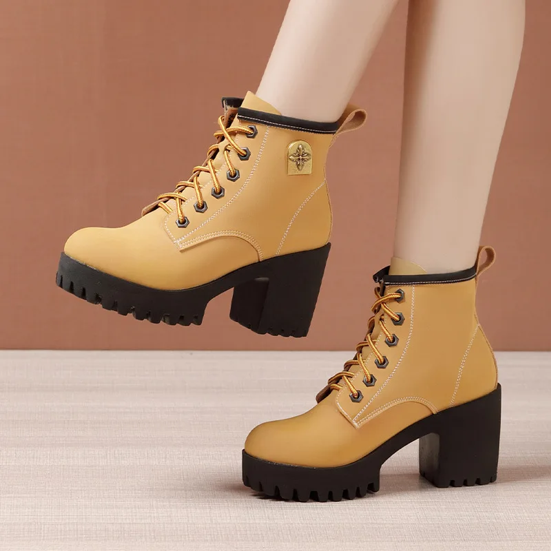 

8cm 10cm Comfortable Thick Platform Shoes Winter Warm Ankle Boots 2025 Block High Heels Motorcycle Boots Model Office Size 32-43