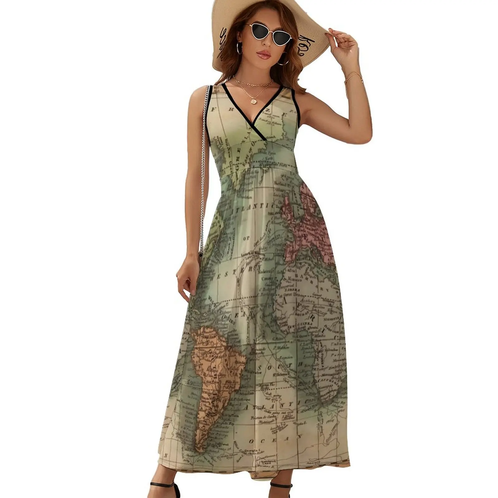 

World Map Dress Vintage Map of The World 1811 Vintage Maxi Dress V Neck Custom Bohemia Long Dresses Fashion Oversized Vestido