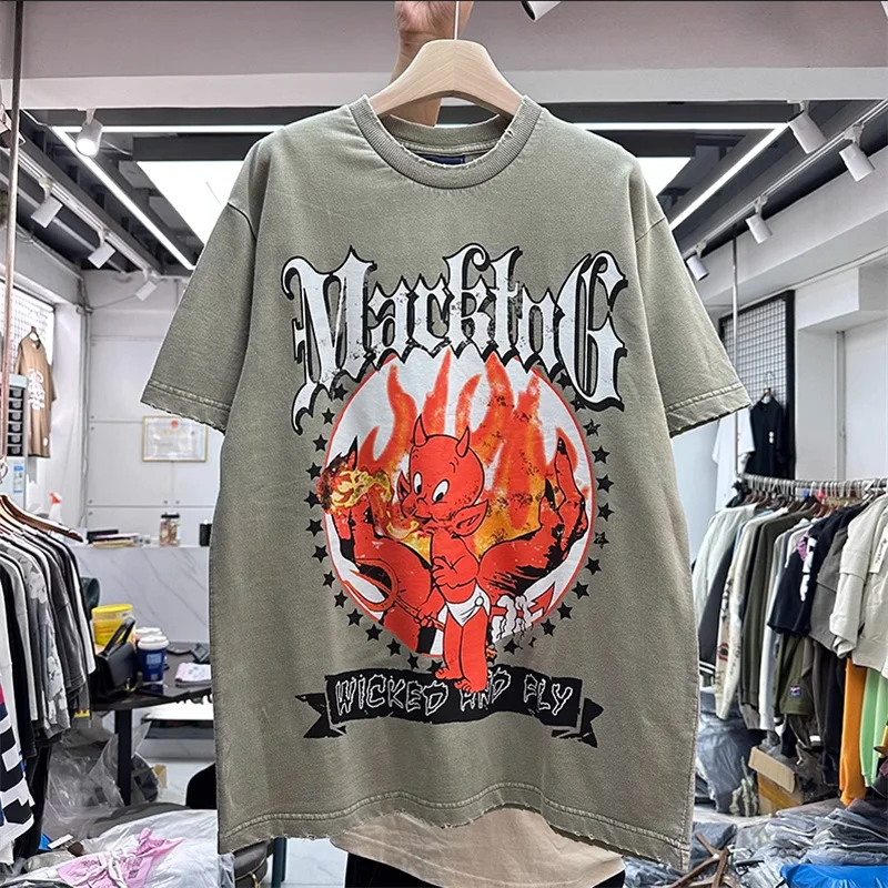 

2023 Summer Cartoon Anime Little Fire Dragon Print T-shirt Men Women Vintage Washed Short Sleeve