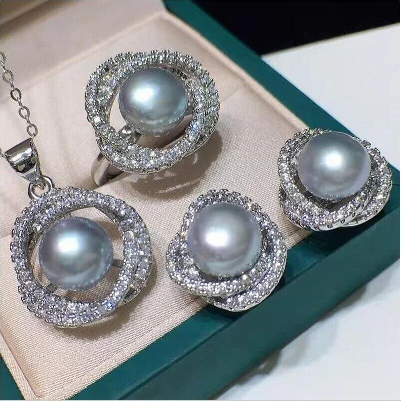 Gorgeous AAAA 8-9mm South China Sea Grey Earstuds Pearl Pendant Earring Set 925s