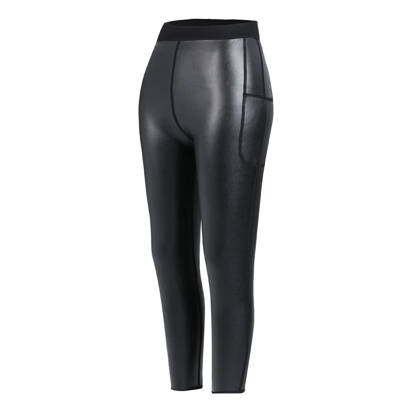 Novo estilo feminino corpo shaper elástico leggings de couro falso calças finas sexy collants cintura trainer shapewear calcinha com bolsos