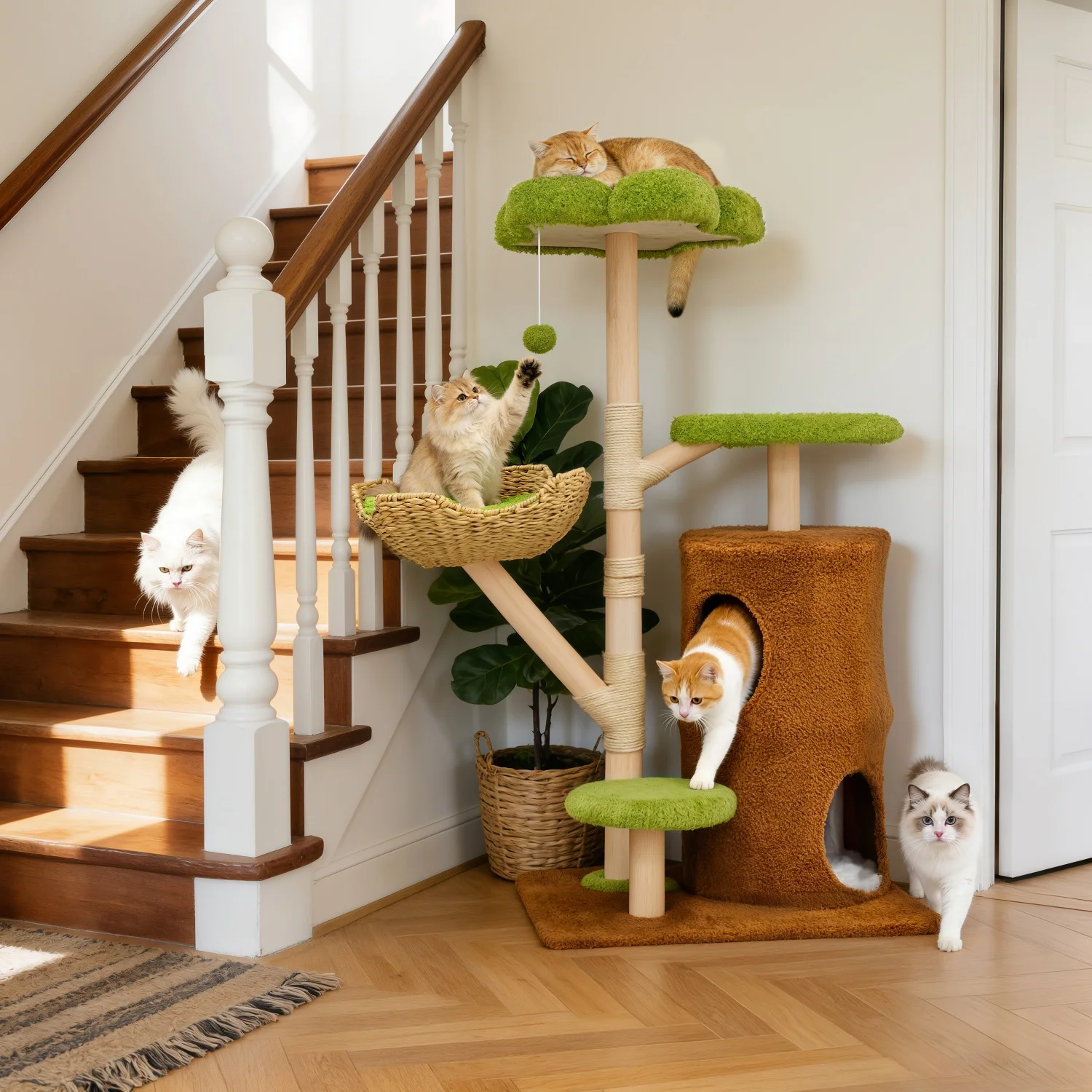 136cm Tall Cat Tree Activity Tower for Indoor Pet House Furniture Scratching Posts Large Wicker Baske Kitten Play Centert
