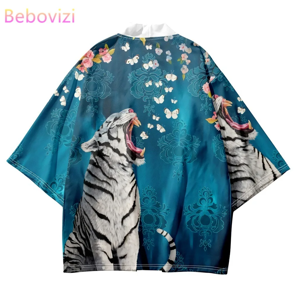 

New Design Tiger Butterfly Flower Print Traditional Cardigan Tops Japanese Kimono Women Yukata Streetwear Haori