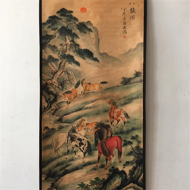 China old Celebrity paintings- Xu Beihong's watercolor painting of the Eight Horses Scroll Hanging paintings