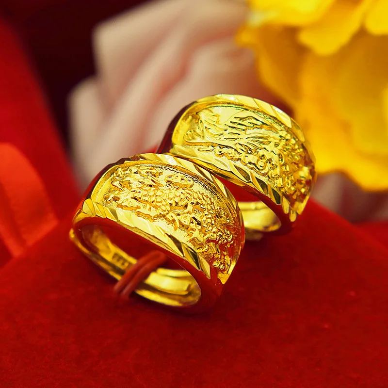 9999 Gold Open Dragon and Phoenix Ring - Couple's Matching Ring for Wedding Jewelry