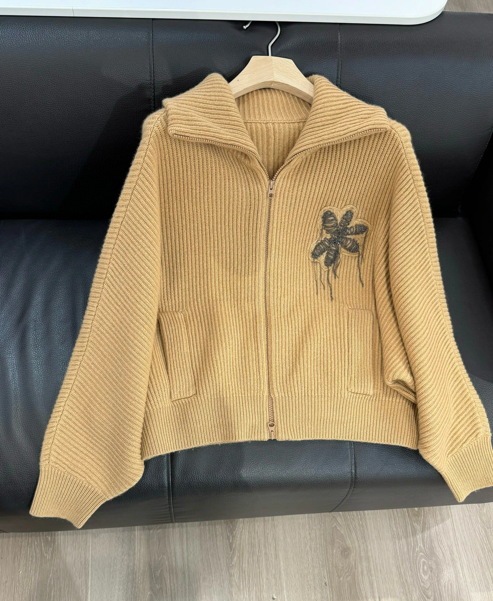 Autumn  2024 Women's Cashmere Cardigan Ribbed Knitted Bead Necklace Floral Embroidery Jacket