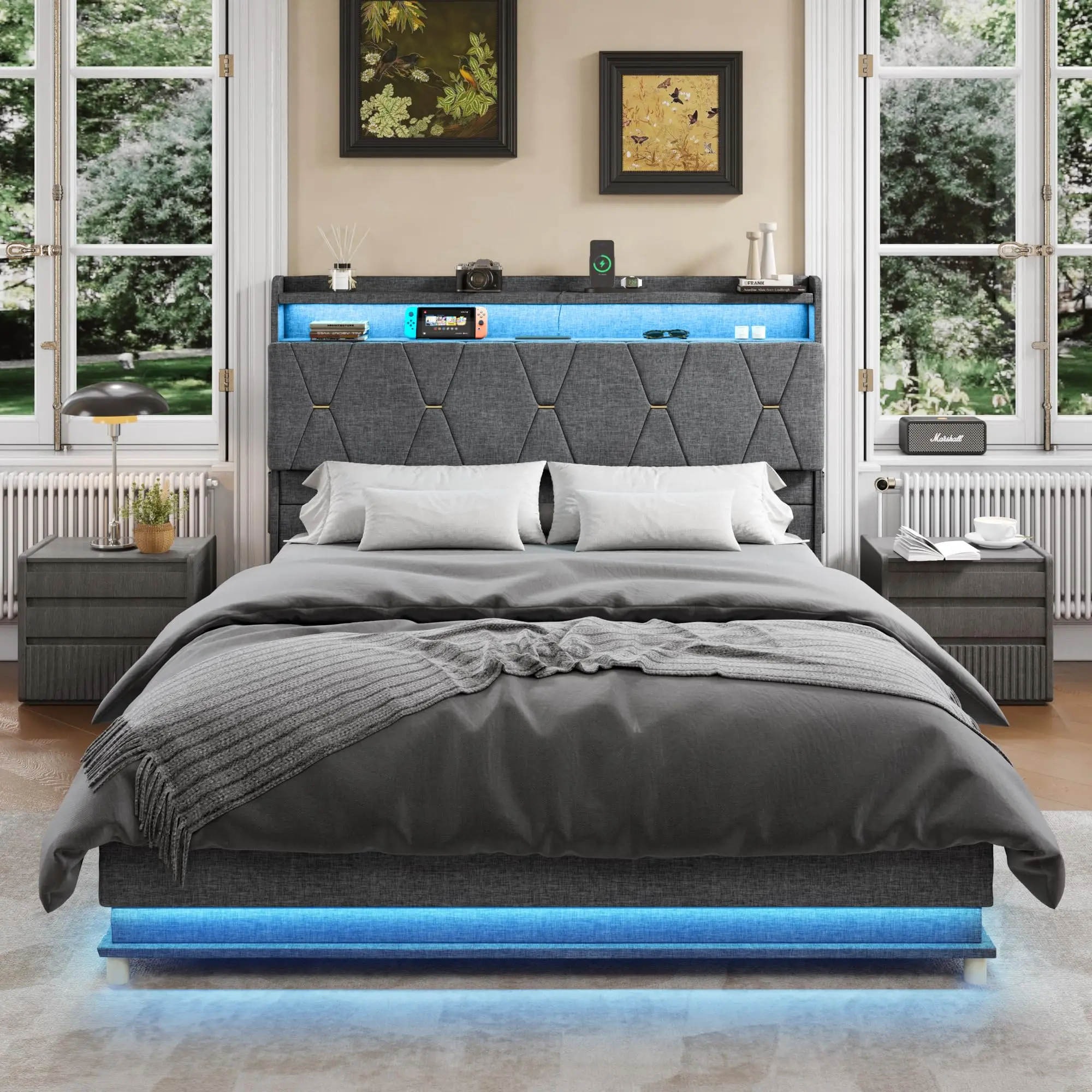 Vabches Lift Up Bed Frame com cabeceira de armazenamento e tomada de energia, luzes LED Estrutura de cama de plataforma estofada para quarto sem ruído