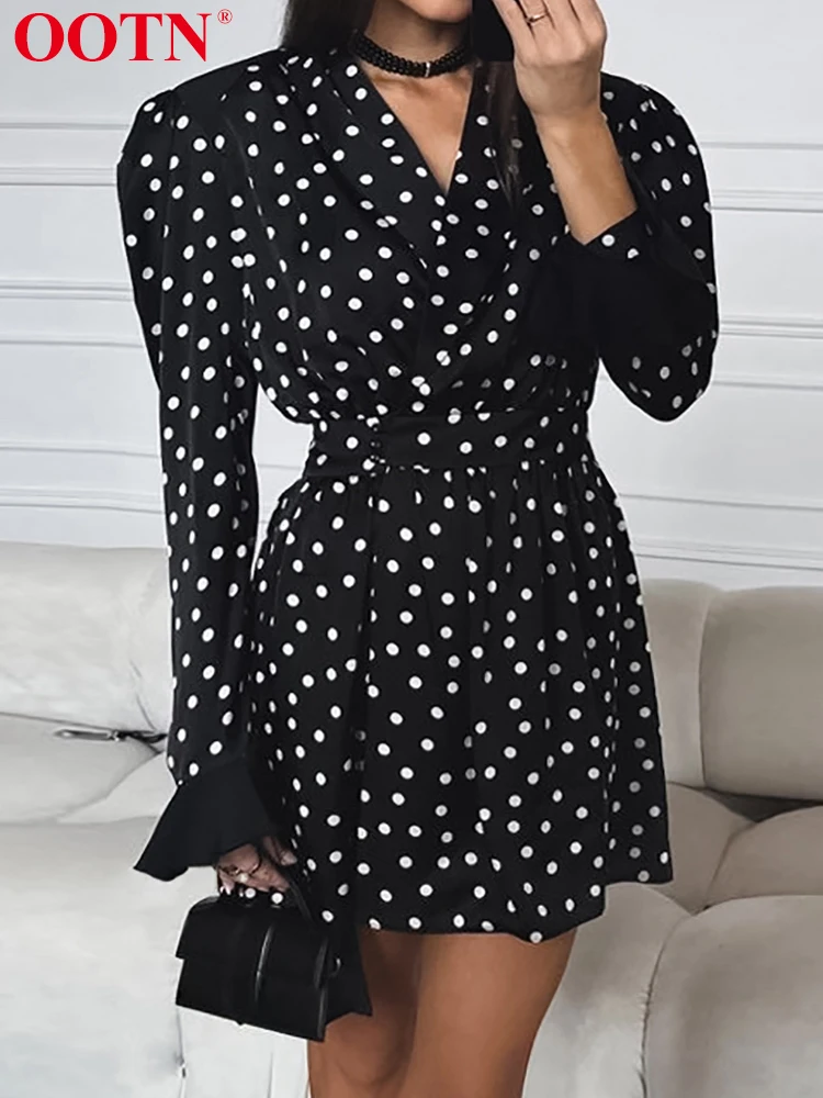 OOTN Polka Dot Dresses Women Casual Long Sleeve V Neck Slim Print Dress Female Elegant Office 2024 Autumn Fashion Party Chic