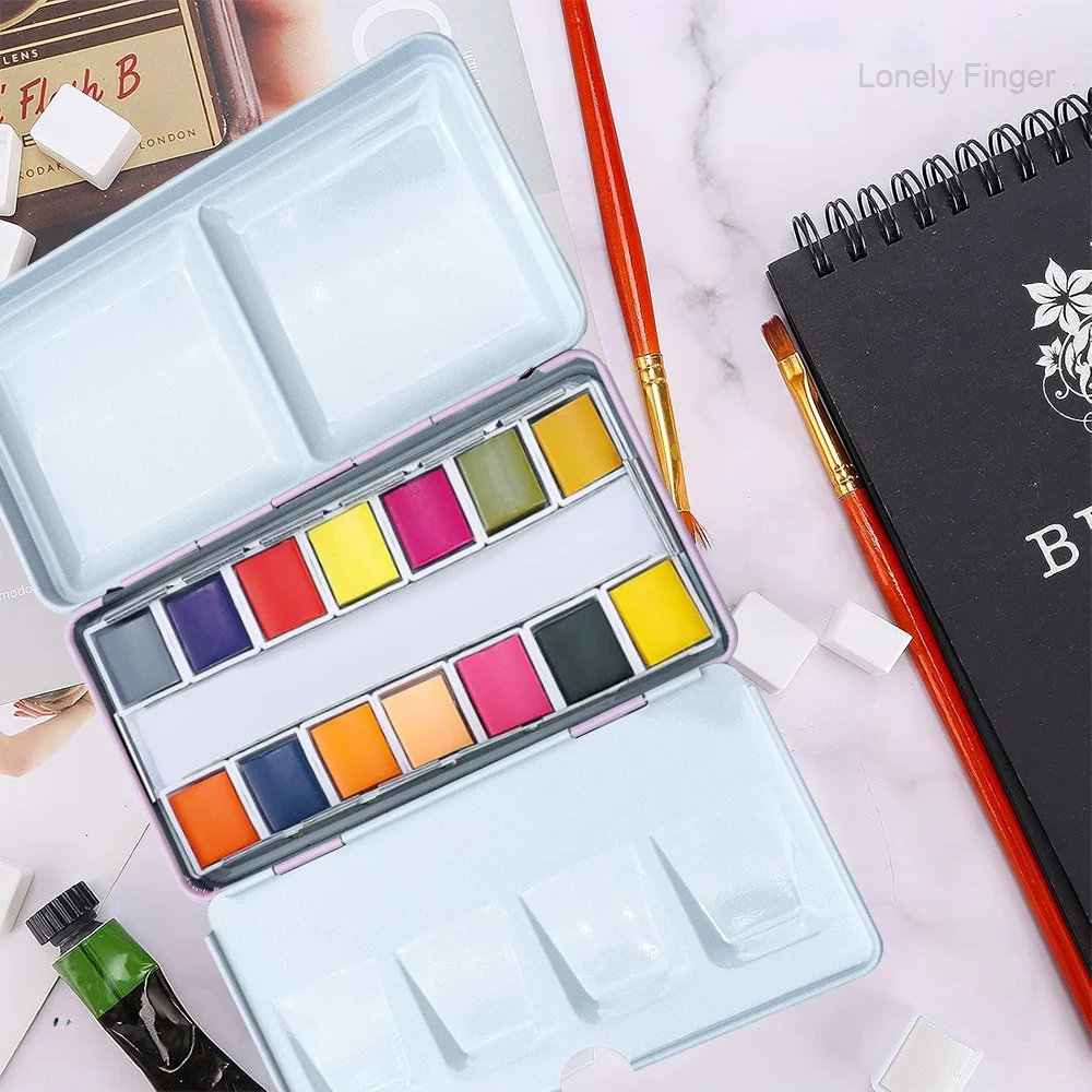 صندوق من القصدير لوحة الألوان المائية مع 14 مقلاة، صينية خلط الطلاء الفني المعدني للرسم بالألوان المائية، صندوق طلاء محمول للفنانين