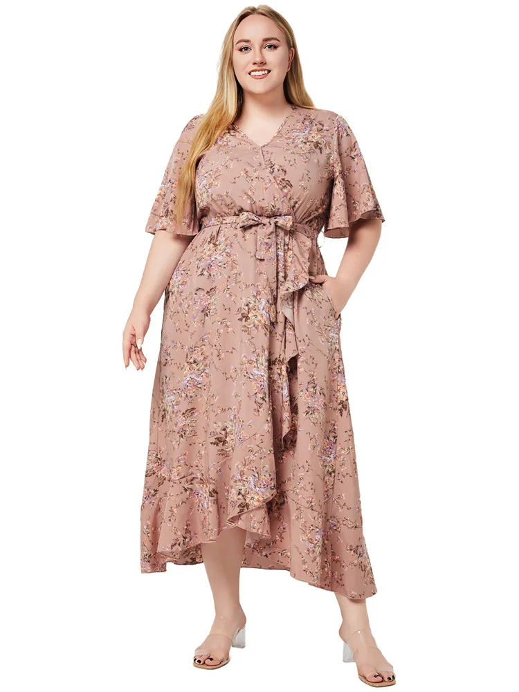 GIBSIE Plus Size V Neck Butterfly Sleeve Ruffle Hem Dress 2024 Summer Women's Floral Print Vacation Casual Pocket Long Dresses