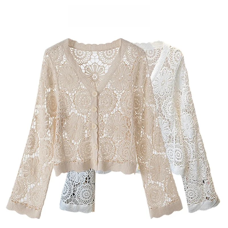 

Fashionable Retro Large Size Knitted Top Women's Summer Design Embroidered Thin Sun Protection Shirt Trendy Hollow out Knitwear